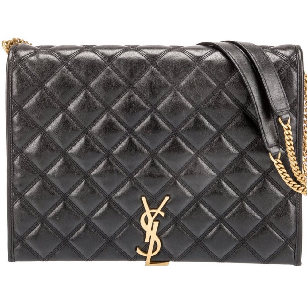 YSL Black Quilted Shoulder Bag with Gold Accents
Height 9.25”
Width 12.75”